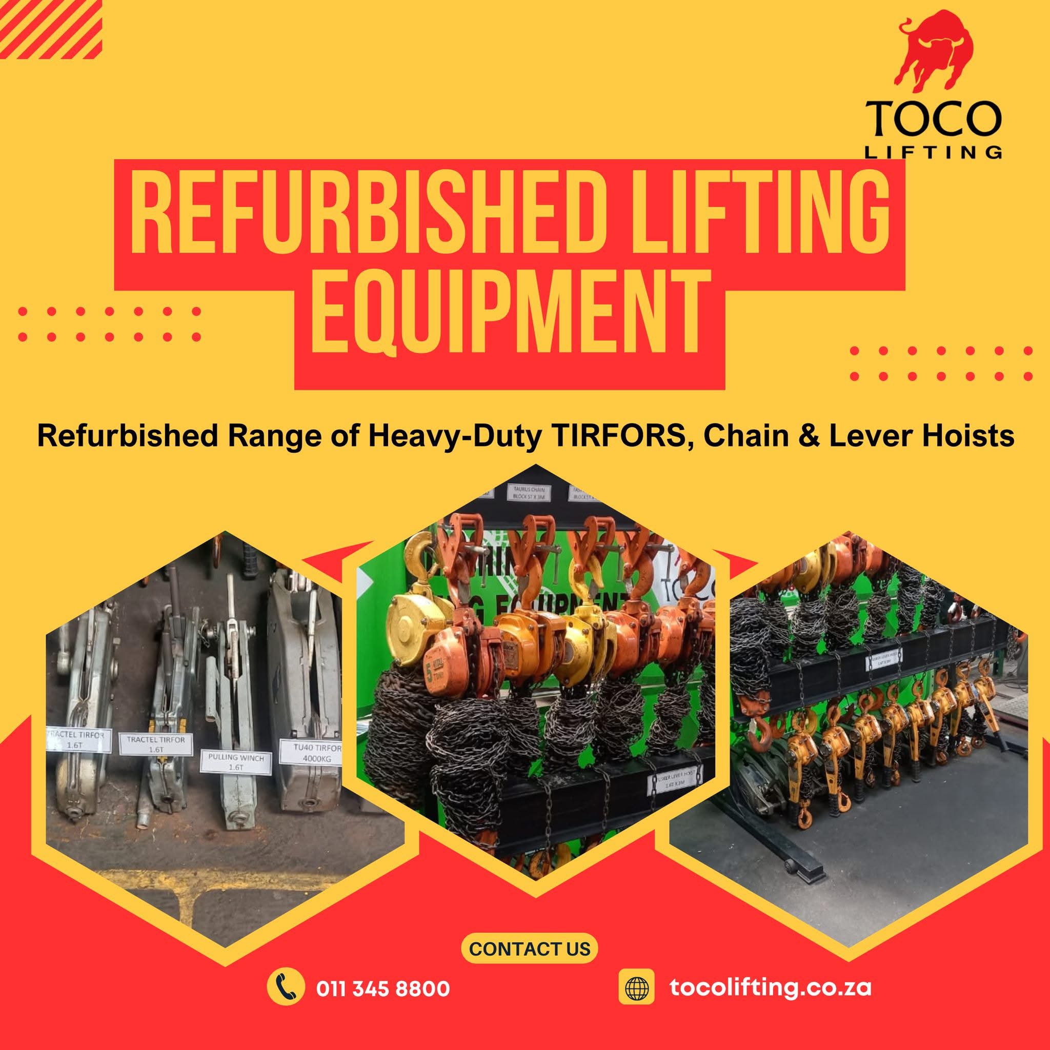 Toco Lifting refurbished lifting equipment range — Tractel TirFor 1.6T and TU40 4000kg pulling winches, VITAL and Taurus chain blocks, lever hoists — supplied certified under LME 008 with limited warranty
