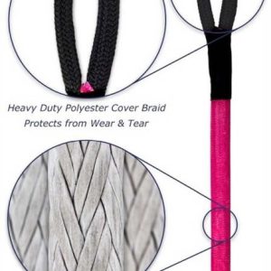 Synthetic recovery strop with reinforced soft eyes and protective polyester cover braid over a high modulus polyethylene core, for vehicle recovery and towing.