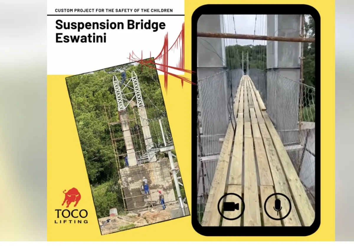 Toco Lifting steel pylon and cable anchorage of the 65.2 metre suspension bridge under construction in Eswatini