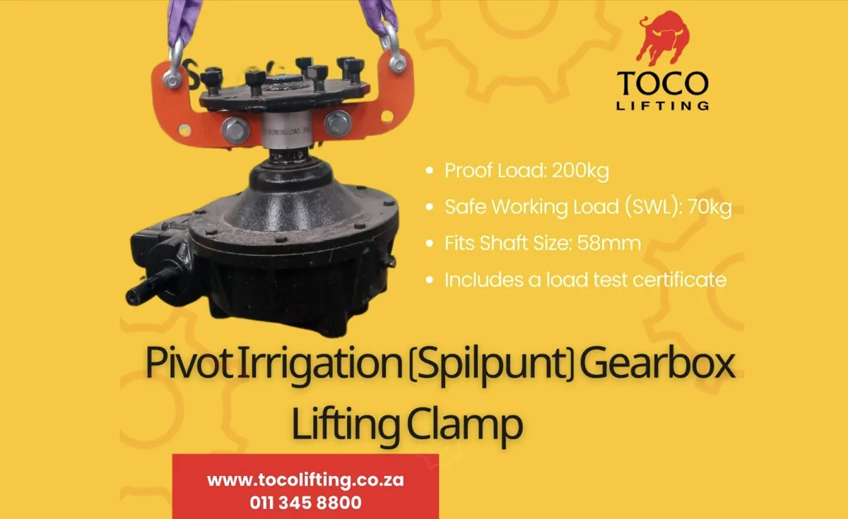 Toco Lifting pivot irrigation gearbox lifting clamp, proof load 200 kg and safe working load 70 kg for a 58 mm shaft, South Africa